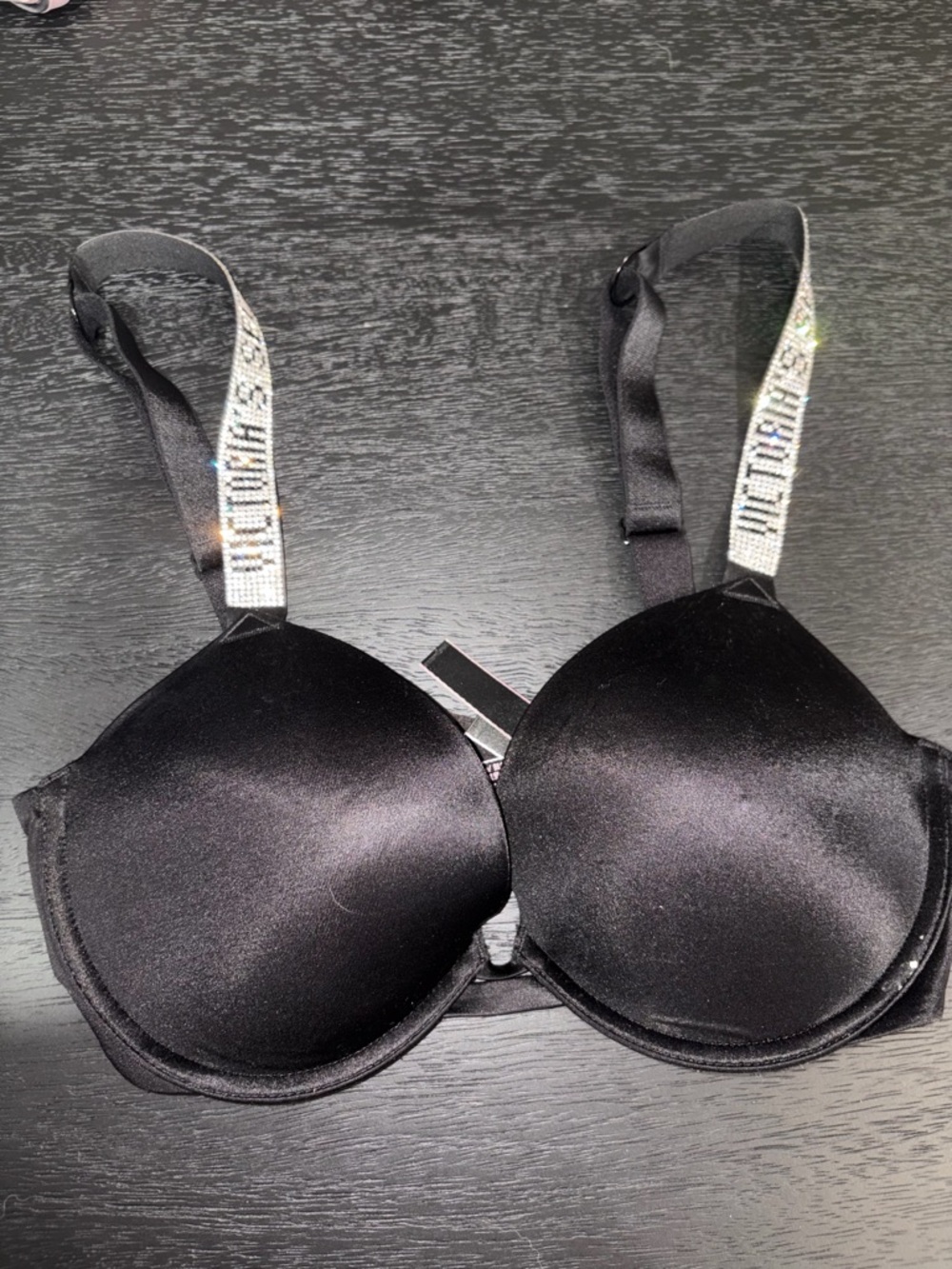 Victoria's Secret Black Satin Very Sexy Push-Up Bra with Rhinestone straps